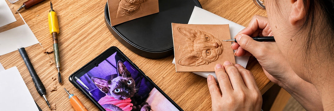 An artisan using a carving tool to craft a custom pet portrait on leather, referencing a photo on a smartphone.