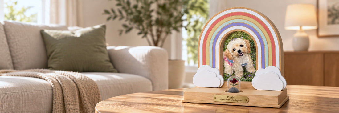 Custom rainbow bridge pet memorial photo display with a dog picture in a cozy living room