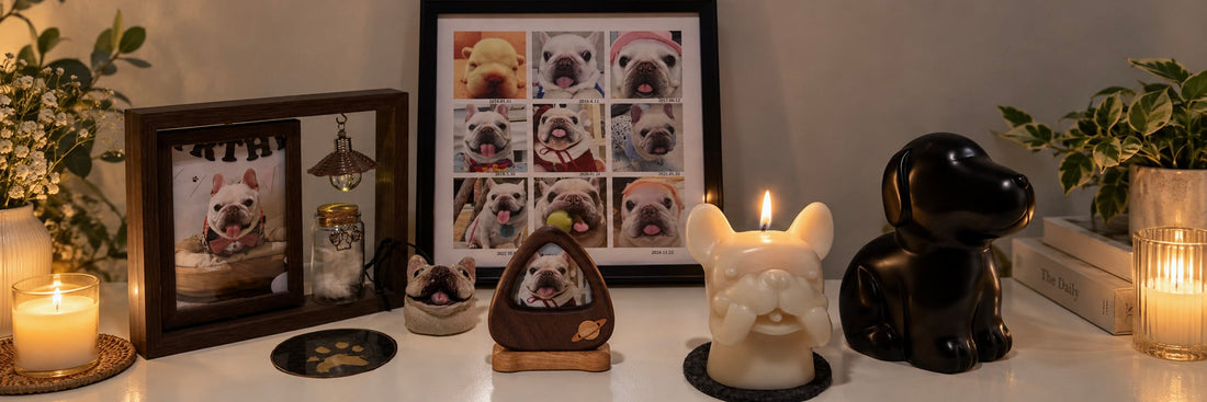 Assortment of thoughtful dog memorial gifts including a framed photo, custom portrait, candle, and keepsakes.
