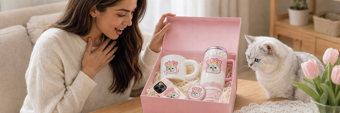 A woman opening a pink MemoPaw custom pet portrait gift box containing a personalized tumbler and phone case, with a white cat sitting nearby.