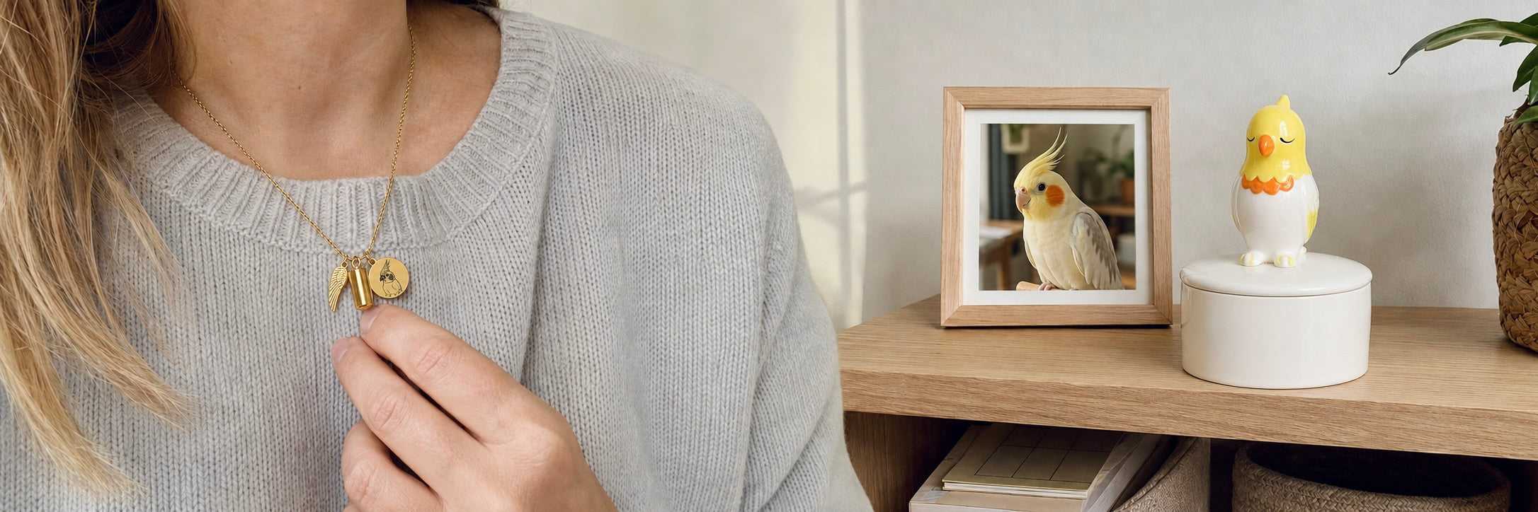 A person holding a custom pet urn necklace next to a small pet memorial setup with a framed bird photo and a ceramic small pet urn.