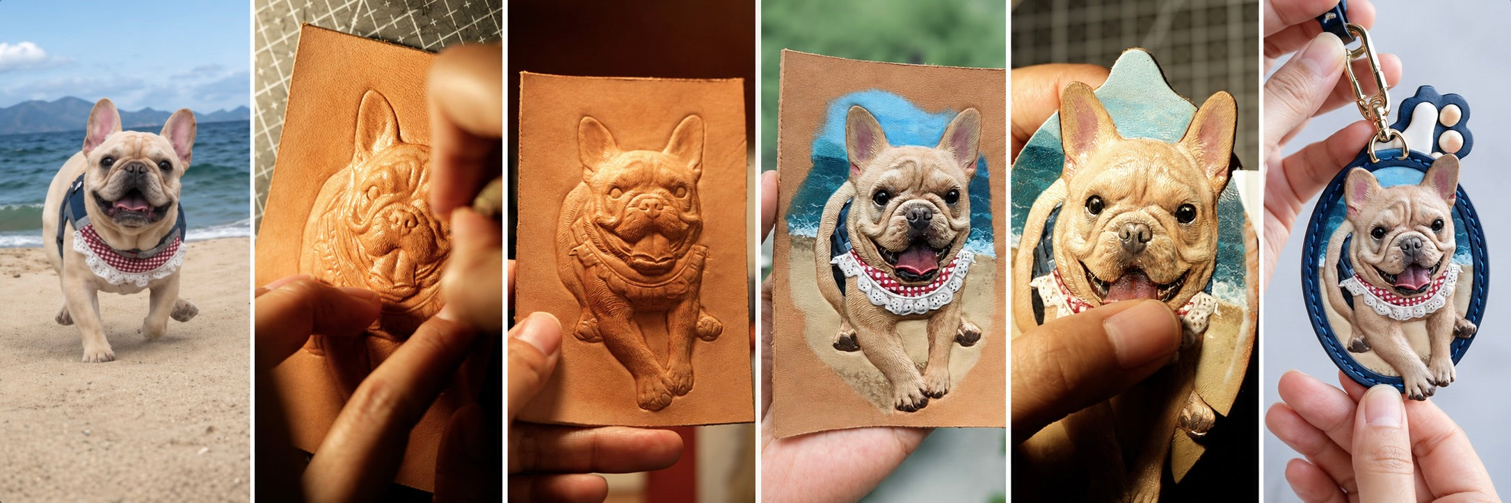 A step-by-step collage showing the process of creating a custom leather pet portrait, from the original beach photo of a French Bulldog to the final hand-carved charm.
