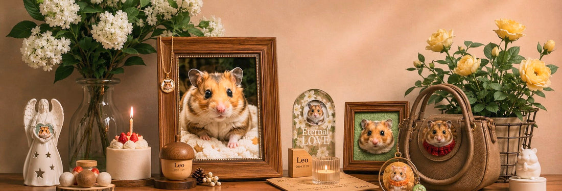 A warm home decor display of a personalized small pet memorial featuring a framed hamster photo and a tiny ceramic keepsake urn surrounded by flowers.
