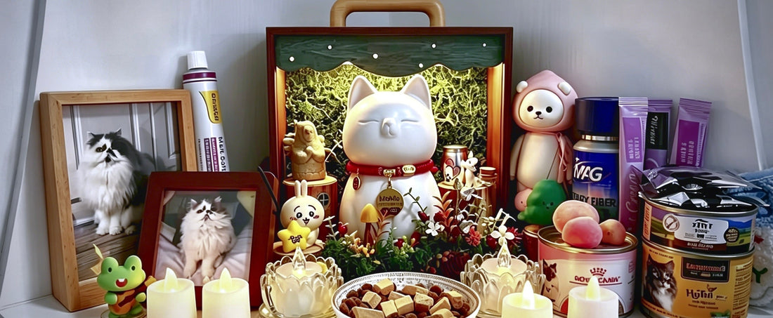 A warm family pet memorial scene created by Memopaw, including a pet memorial urn, used to commemorate the closest furry friends.