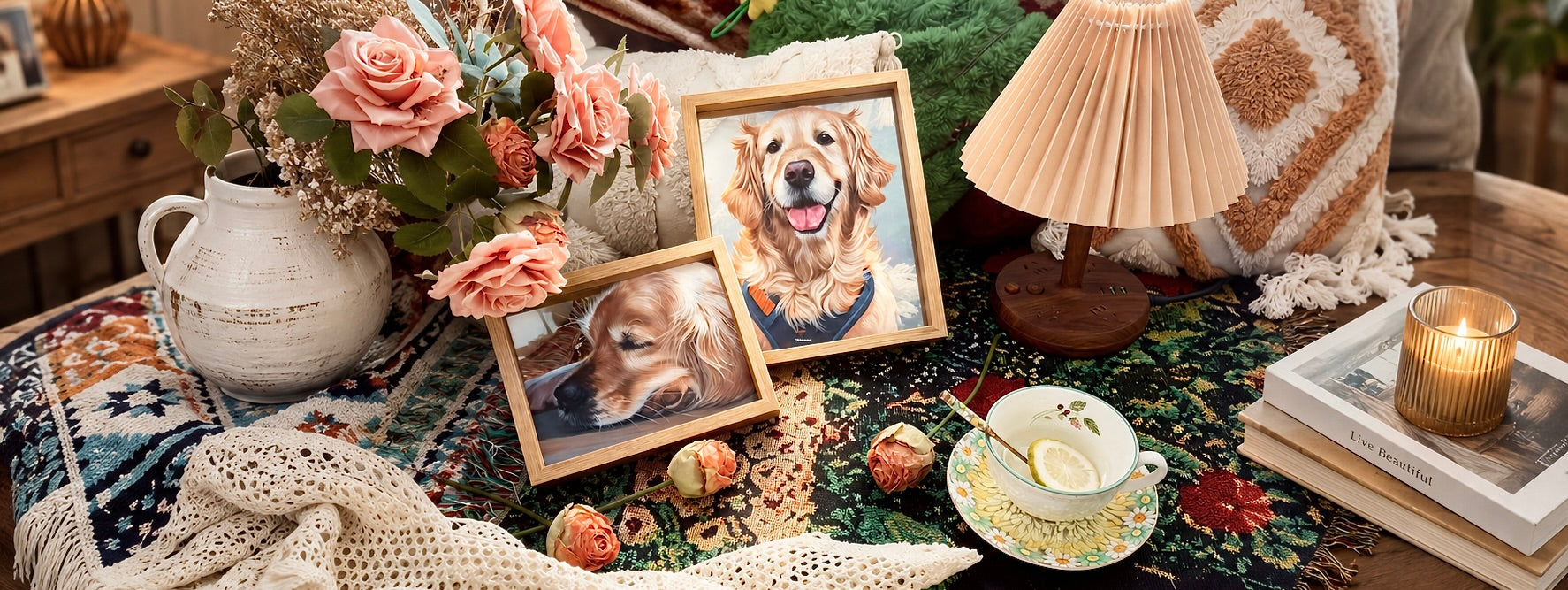 An intimate, cozy home decor table vignette featuring two custom wood-framed artistic portraits of Golden Retriever dogs (one smiling portrait, one sleeping side profile).