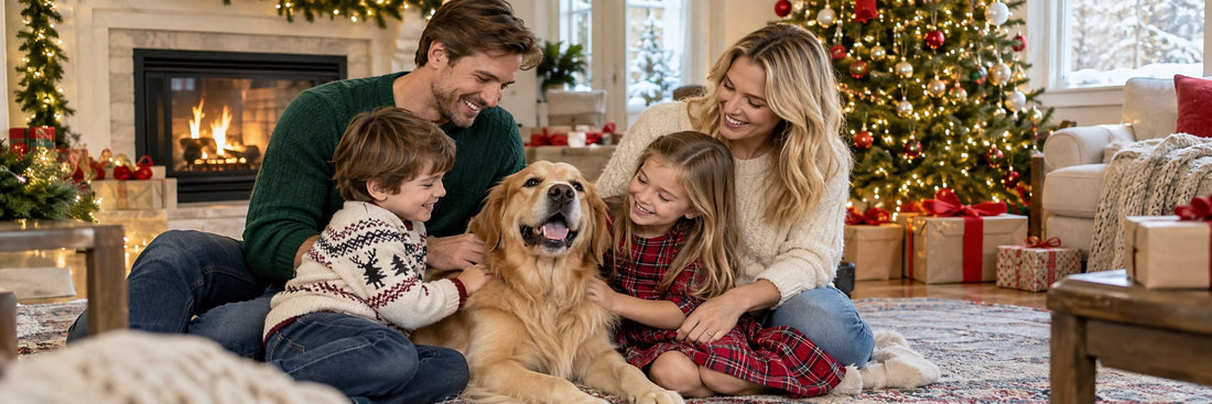 A happy family sitting on the floor with their golden retriever in front of a decorated Christmas tree and cozy fireplace.