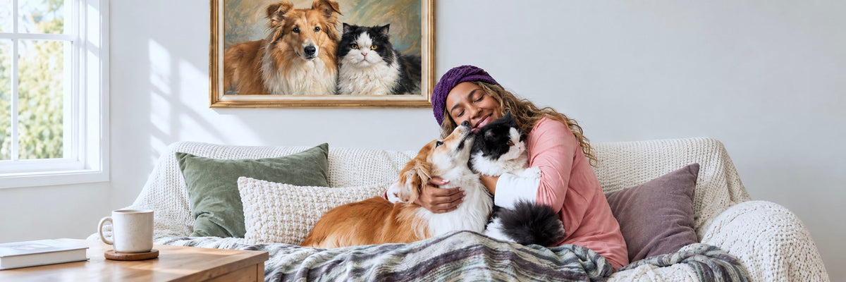 A woman cozy on a sofa cuddling her dog surrounded by custom pet memorial gifts, personalized blanket, and framed portrait