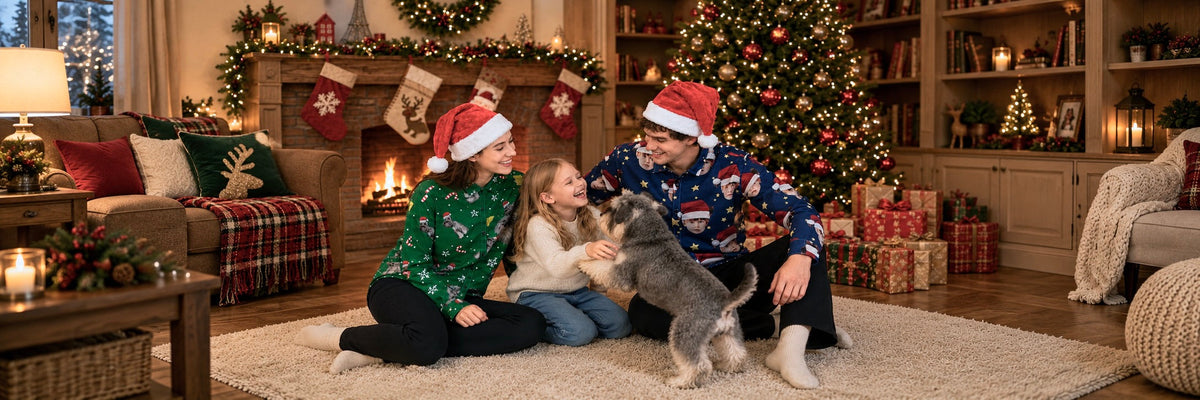A family wearing Santa hats sitting near a decorated Christmas tree and playing with their dog.