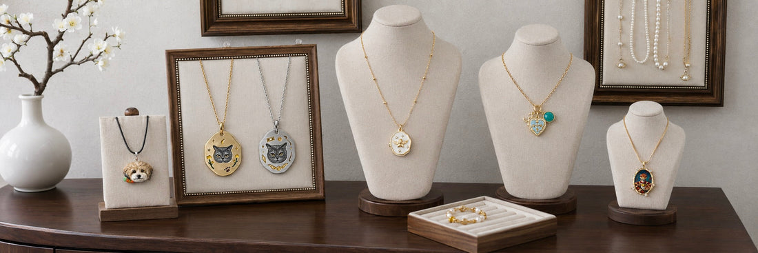 A collection of MemoPaw custom pet necklaces showcasing various styles, including engraved pet pendants, a printed photo locket, and a 3D sculpted pet portrait jewelry piece.