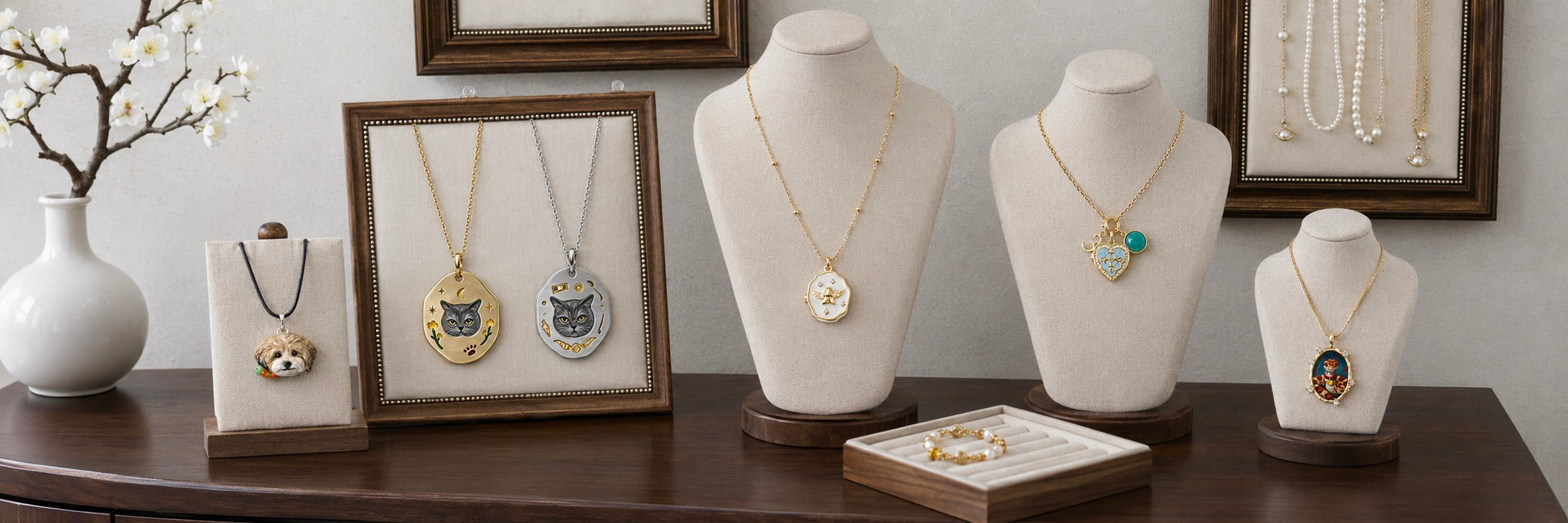A collection of MemoPaw custom pet necklaces showcasing various styles, including engraved pet pendants, a printed photo locket, and a 3D sculpted pet portrait jewelry piece.
