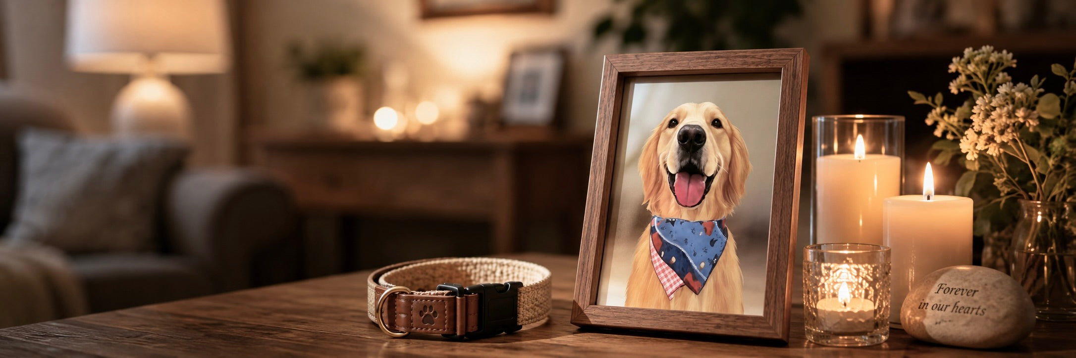 dog collar displayed beside a custom pet memorial portrait