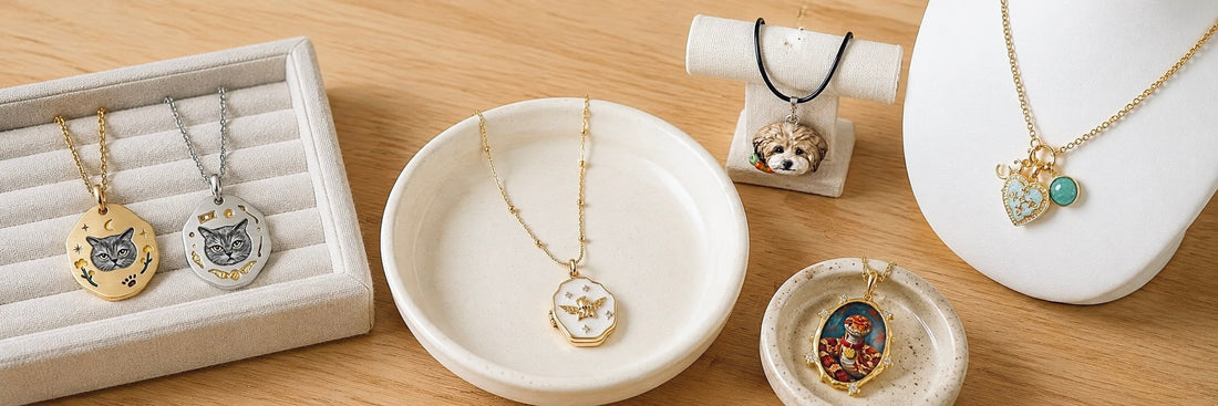 A display of MemoPaw custom pet necklaces showcasing various styles including engraved pet pendants, a printed photo locket, and a 3D sculpted pet portrait jewelry piece.