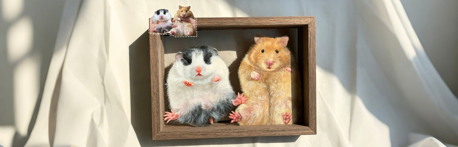 A custom wooden small pet memorial plaque displaying a lifelike photo of a fluffy hamster, placed as a comforting desk tribute.