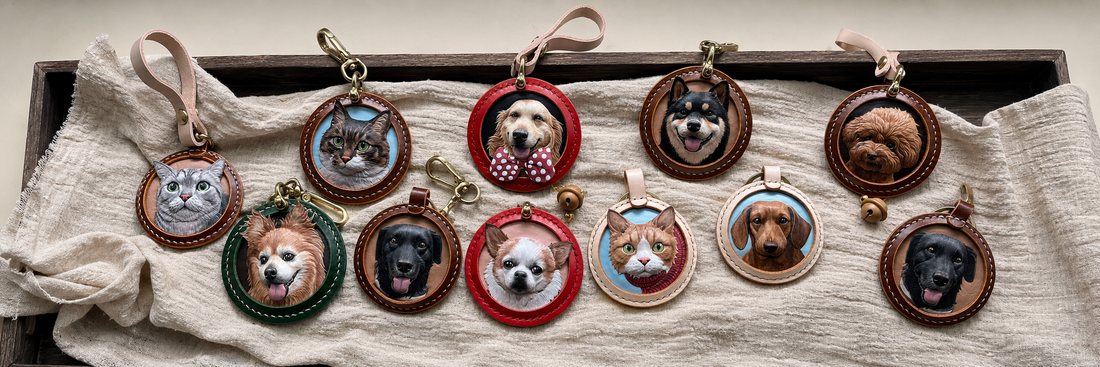 Memopaw custom leather pet portrait charms and personalized dog keychains handmade from photos as unique pet lover gifts and memorial keepsakes.
