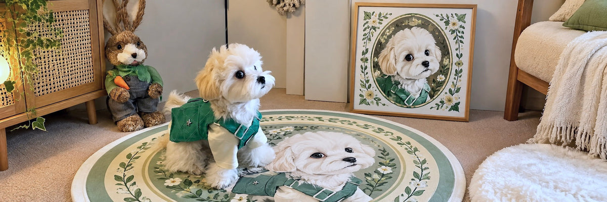 Cozy pet memorial corner setup at home featuring a framed dog portrait, custom pet rug, and plush toys