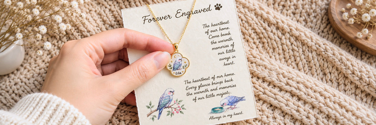 Pet bird memorial necklace with a custom portrait of a blue budgie named Lila, created as a keepsake to remember a beloved companion bird.