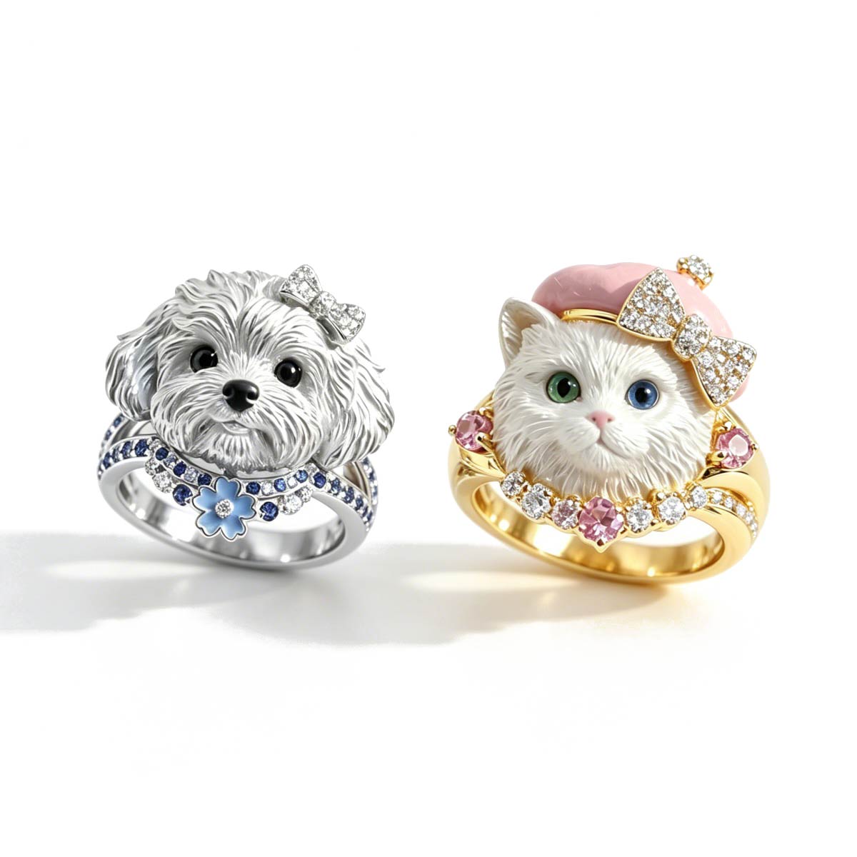 Two rings, one with a dog design and the other with a cat design, on a white background.