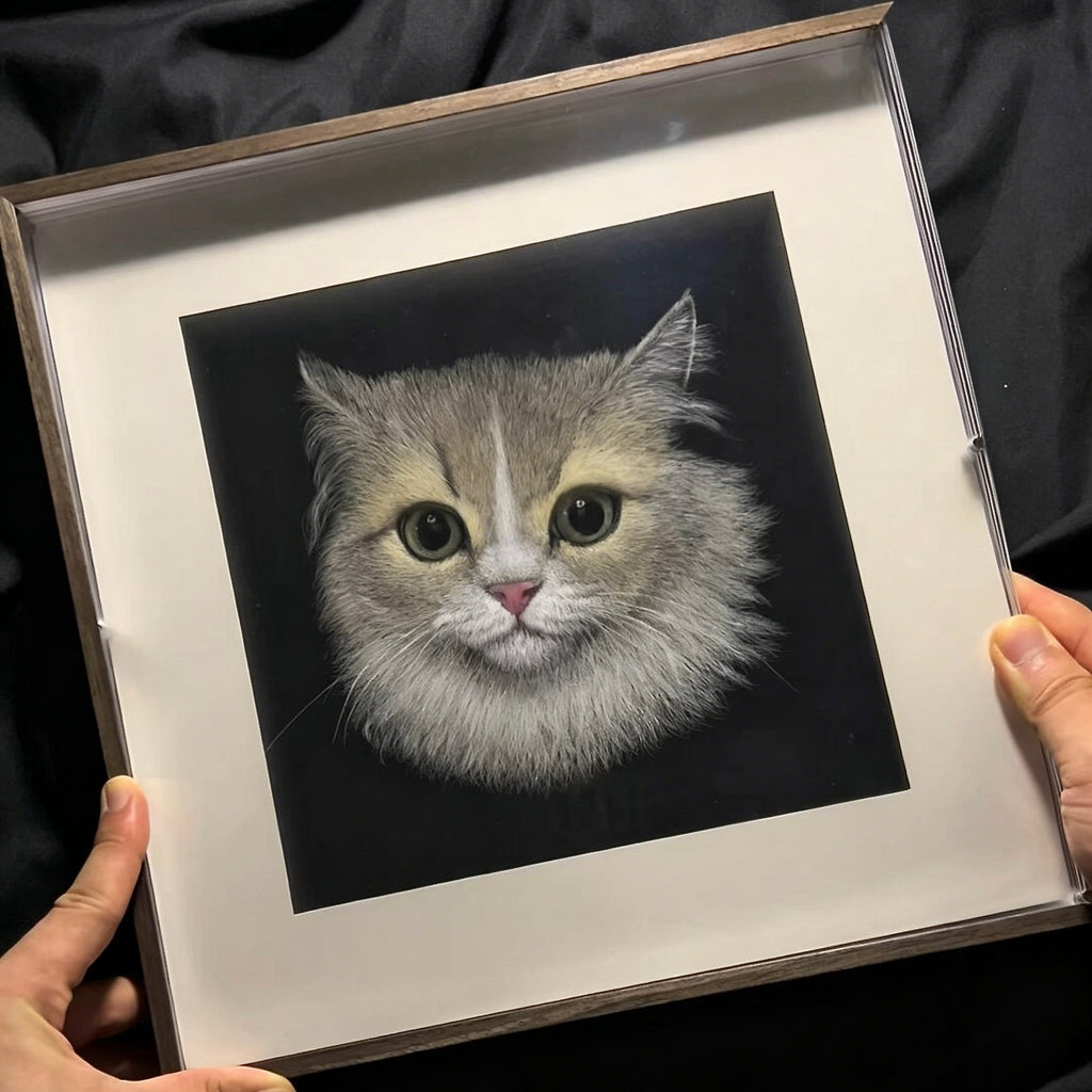 Bespoke 3D acrylic pet portrait displaying a realistic hand-engraved cat face in a modern light wood frame.
