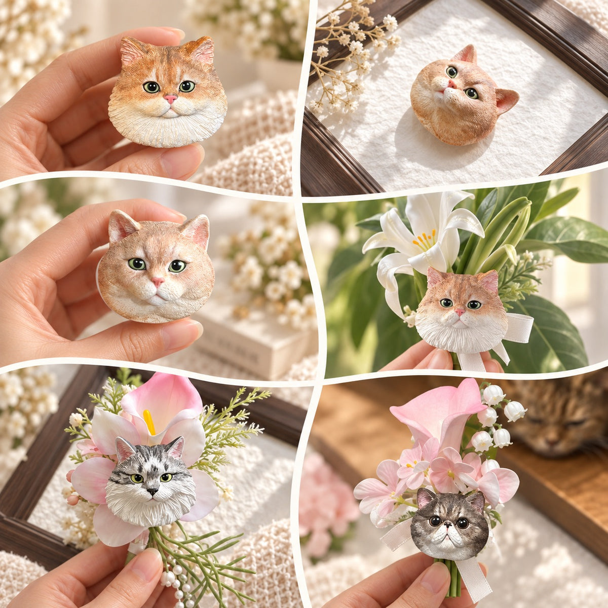 Cat head portrait collage with handheld close-ups, a brown framed display and portraits among floral arrangements