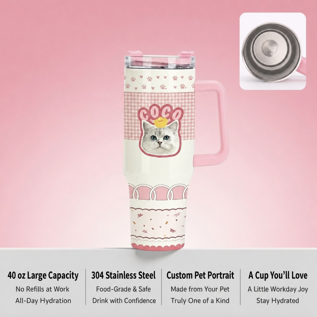 An infographic highlighting a 40 oz custom pet portrait travel tumbler with a handle, showcasing its 304 stainless steel insulation and a personalized cat design named COCO.
