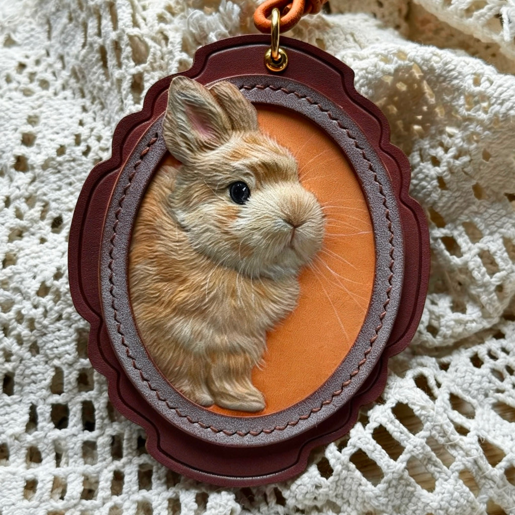 Bespoke exotic animal leather pendant keychain featuring a detailed 3D hand-carved Cockatiel bird relief design