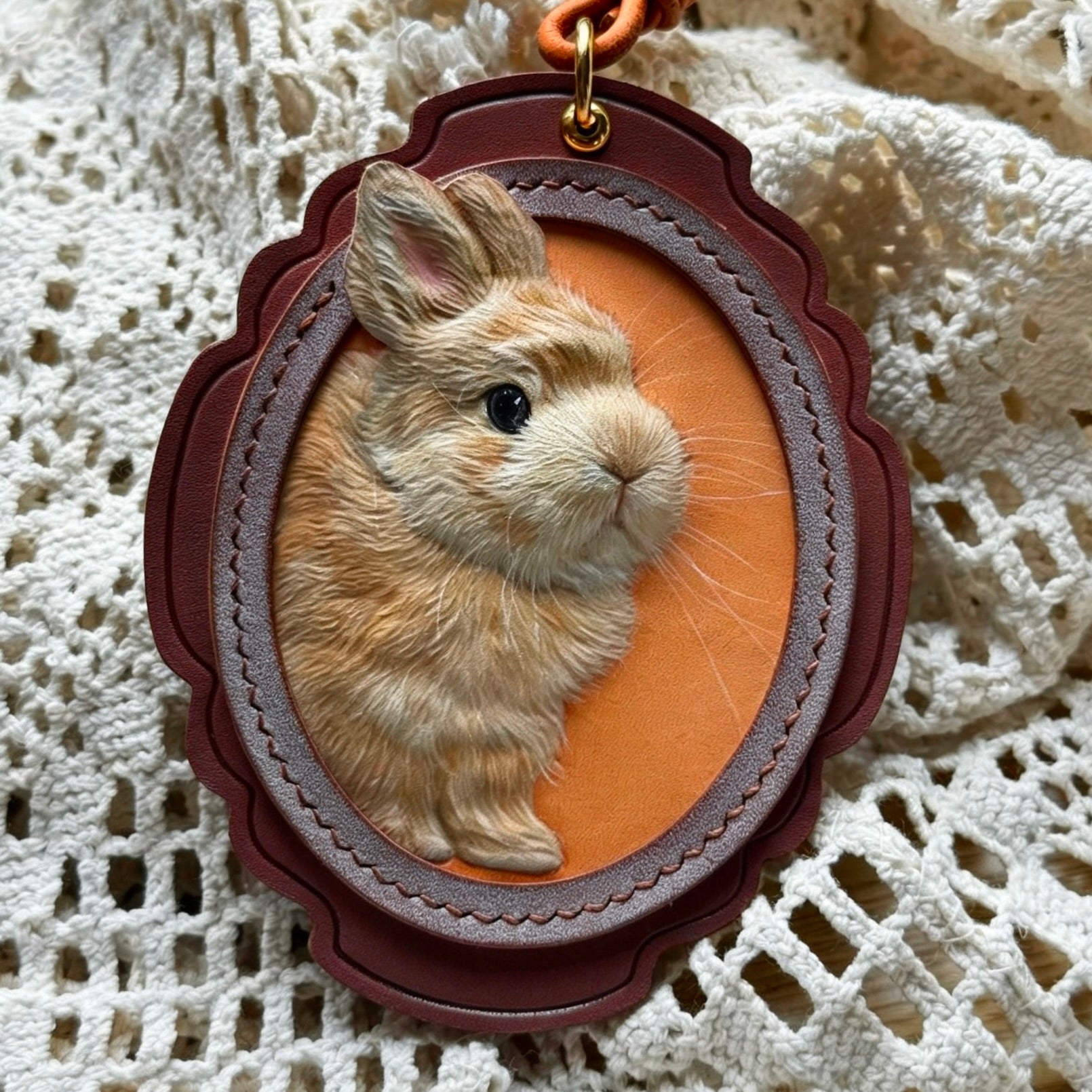 Bespoke exotic animal leather pendant keychain featuring a detailed 3D hand-carved Cockatiel bird relief design