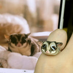A real Sugar glider next to a bespoke 3D Sugar glider portrait ring, custom hand-sculpted as a luxury wedding keepsake jewelry.