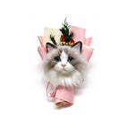 Cat with floral arrangement on head against a white background