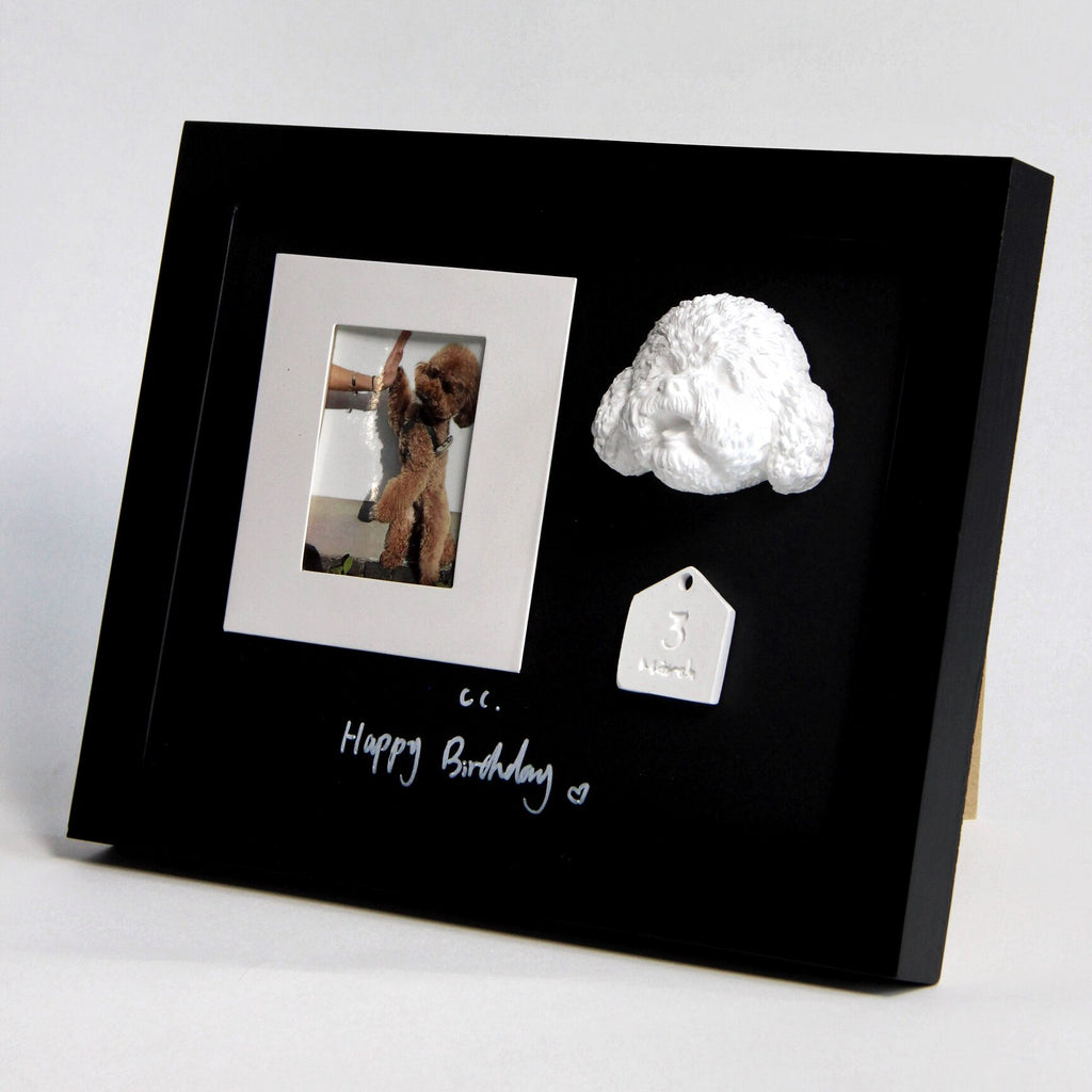 Black framed photo with a small white sculpture and tag on a light gray background