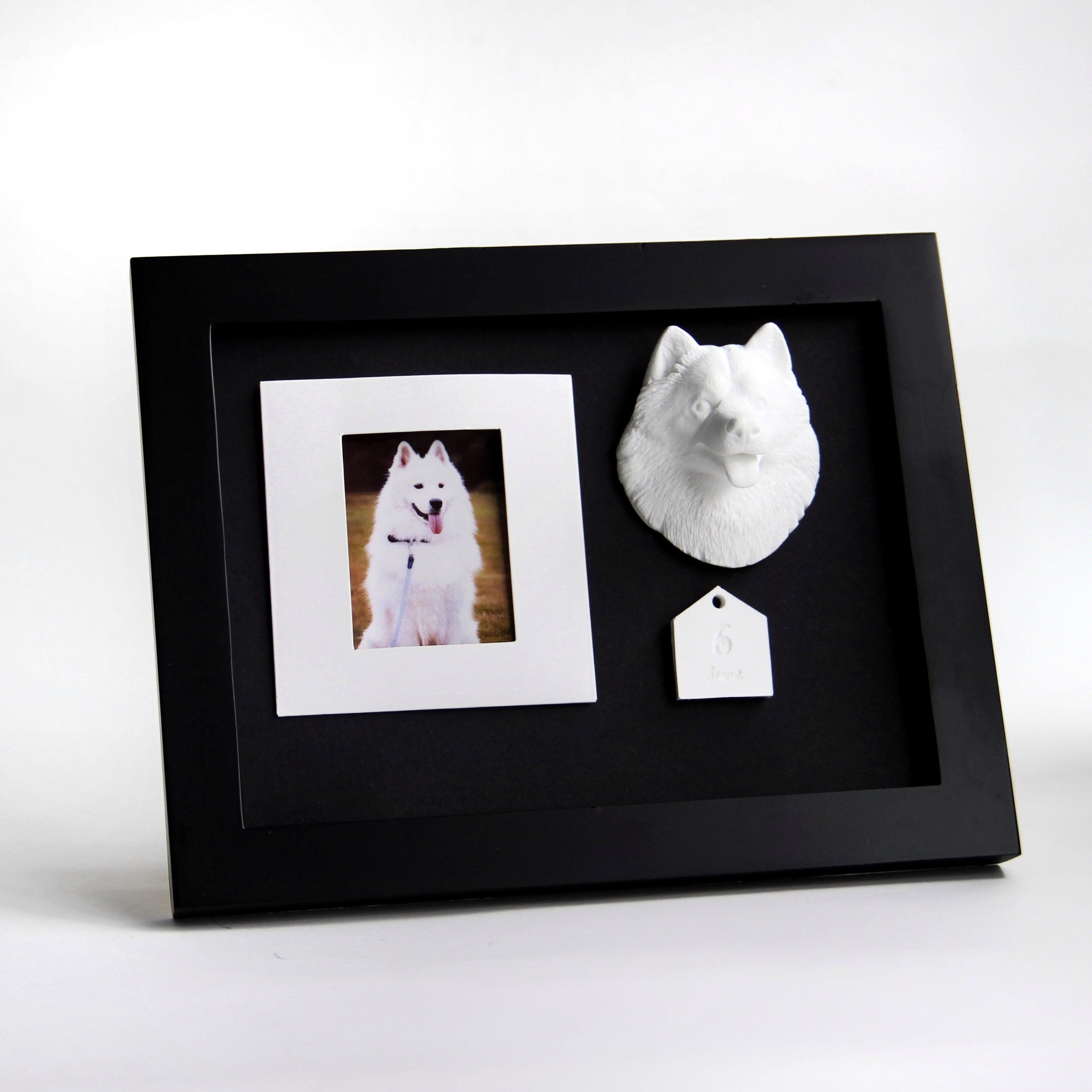 Black framed display with a photo of a dog and a white dog figurine.
