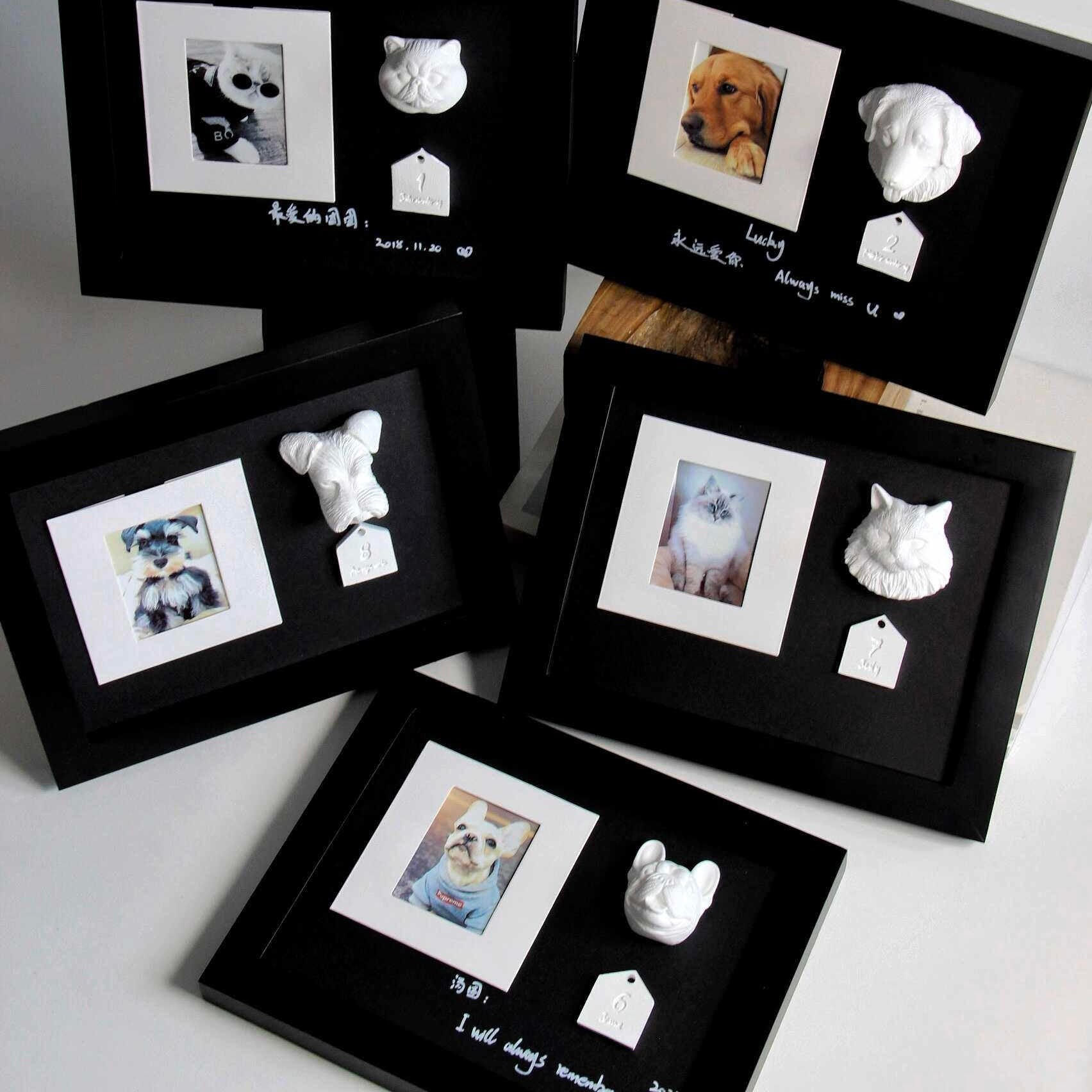Set of black photo frames with white dog sculptures and pet photos on a light background