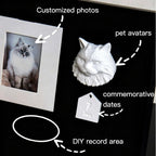 Diagram showing a cat's photo, pet avatar, commemorative date tag, and DIY record area on a black background.