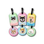 Set of six pet-themed luggage tags with cute animal illustrations on a white background.