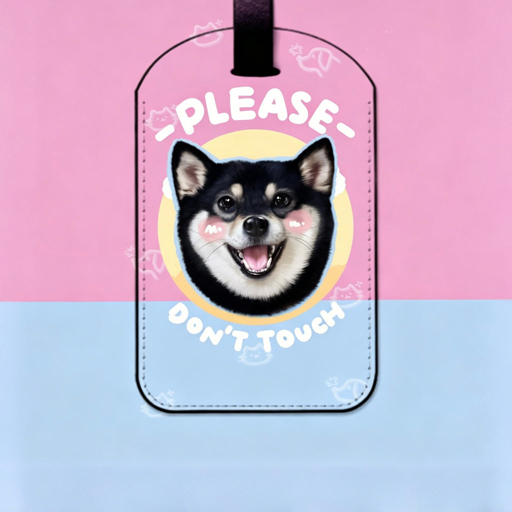 Luggage tag with a dog illustration and text on a pink and blue background