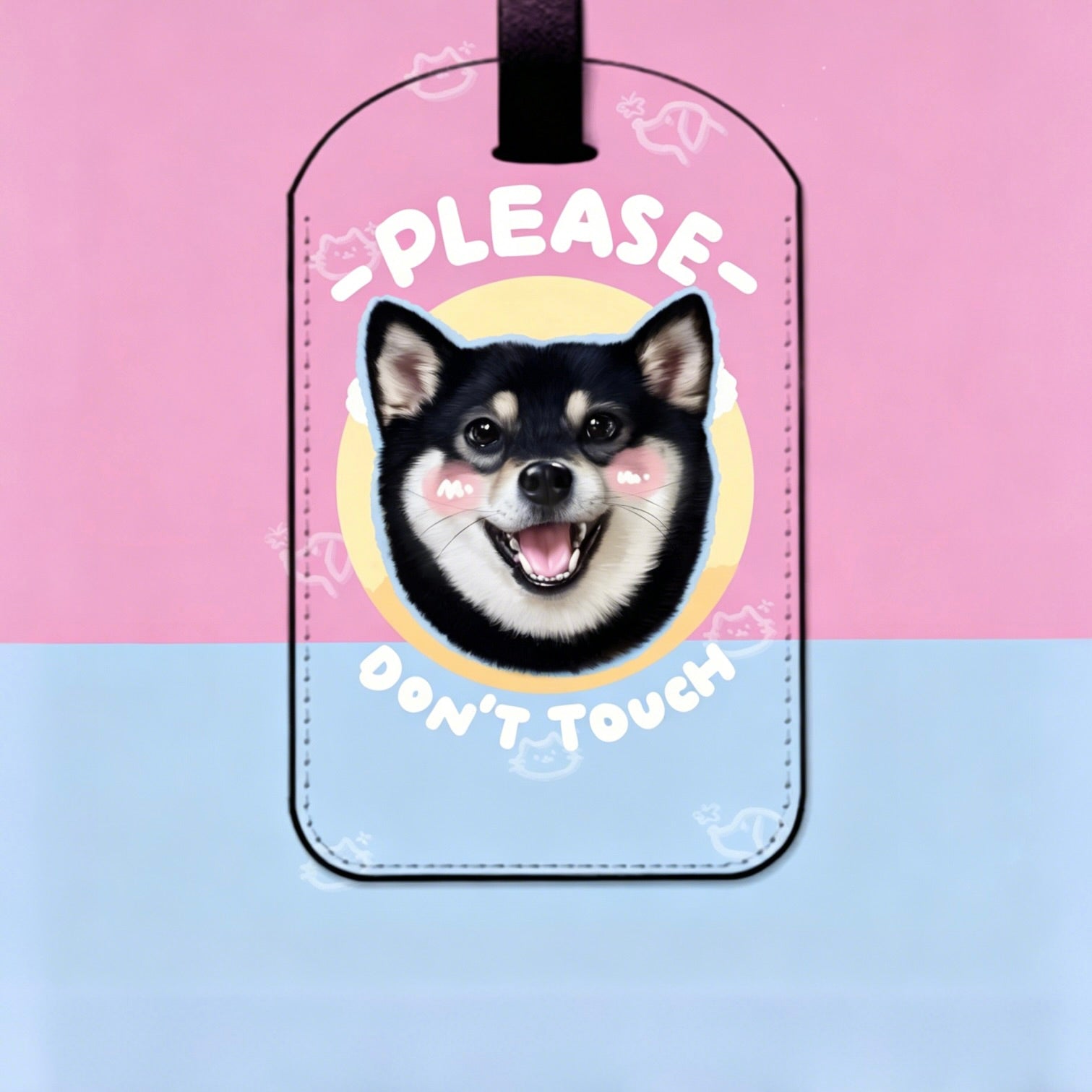 Luggage tag with a dog illustration and text on a pink and blue background