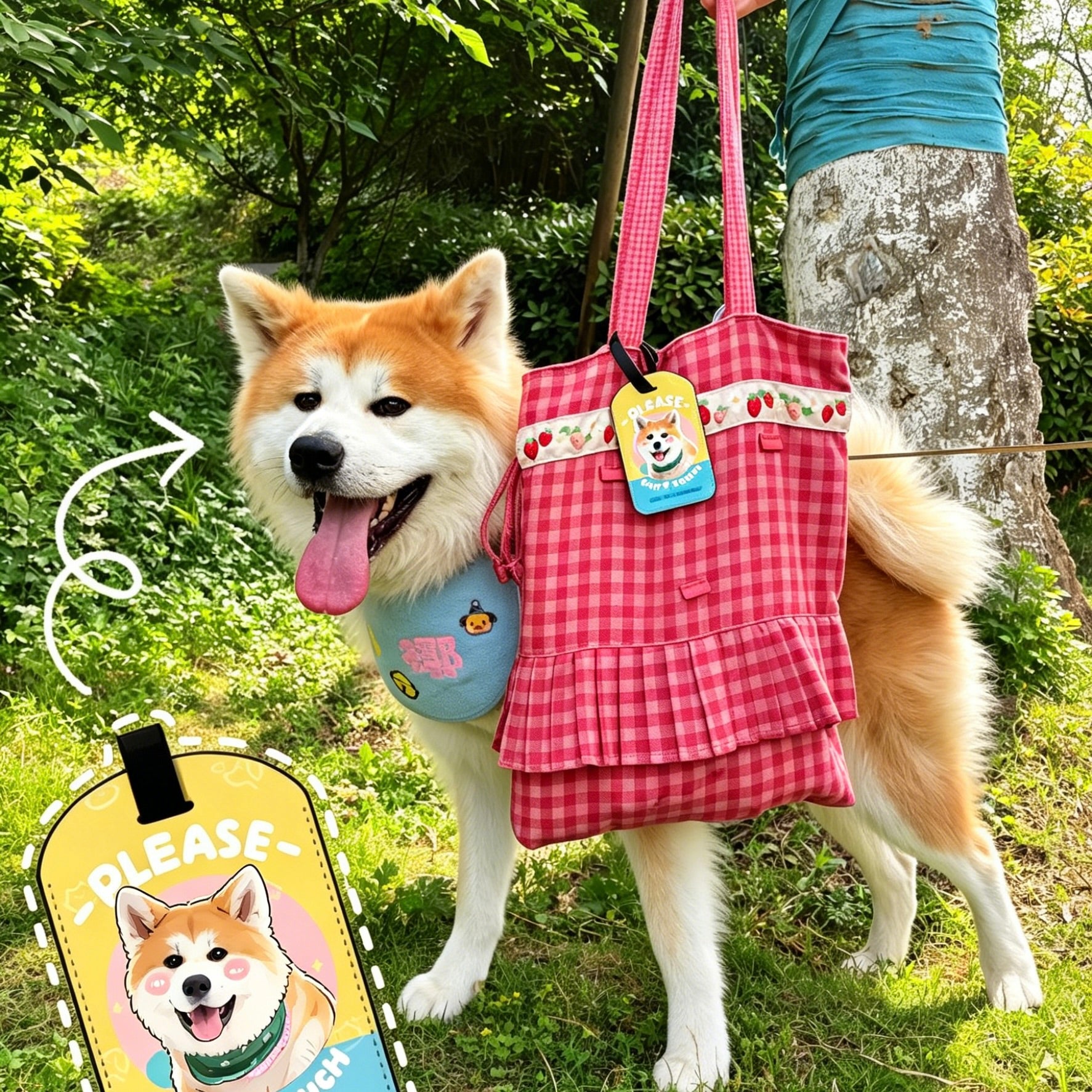 Dog wearing a red checkered dress with a matching bag in a park setting