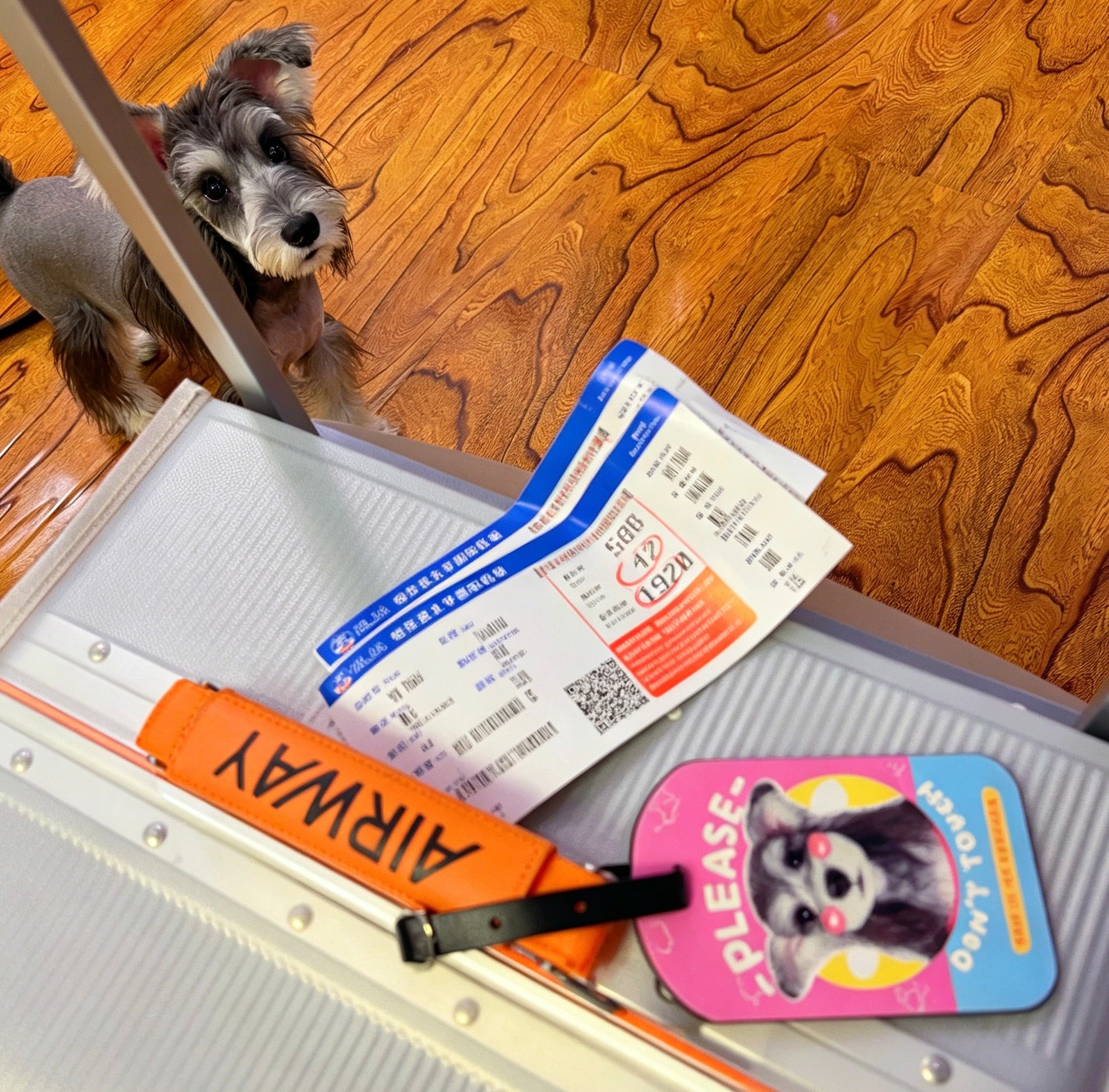 Small dog standing next to an open suitcase with travel documents and a luggage tag on a wooden floor.