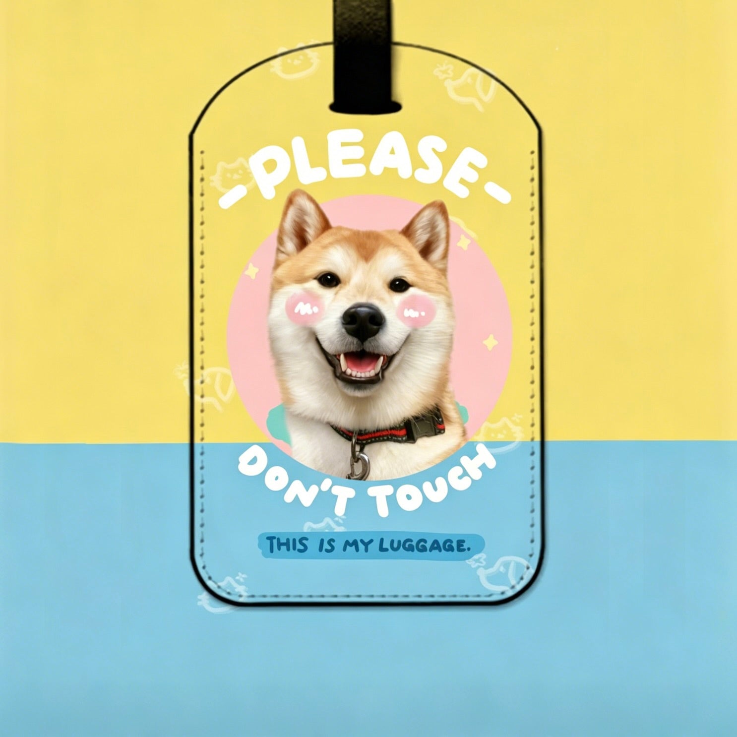 Luggage tag with a dog illustration and text on a yellow and blue background