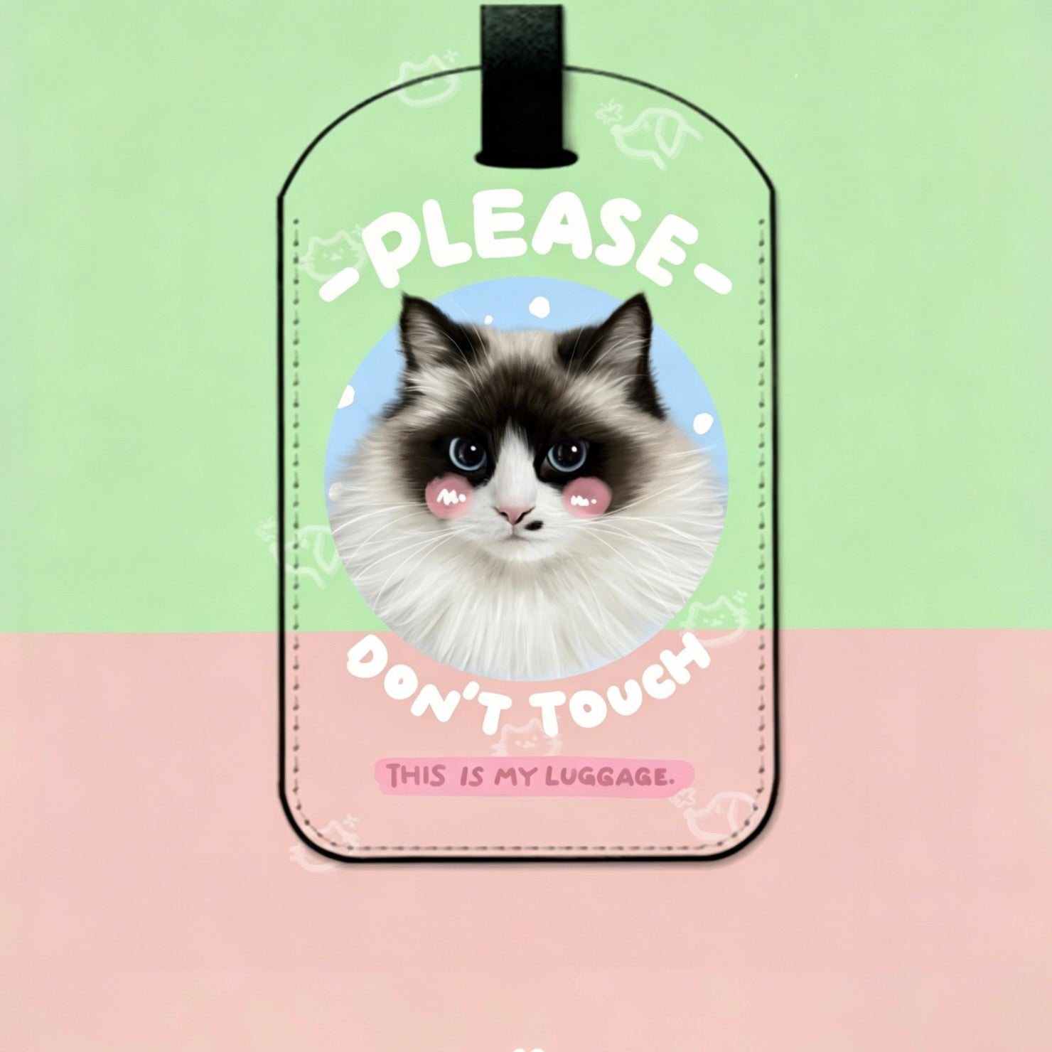 Luggage tag with a cat illustration and text on a pink and green background