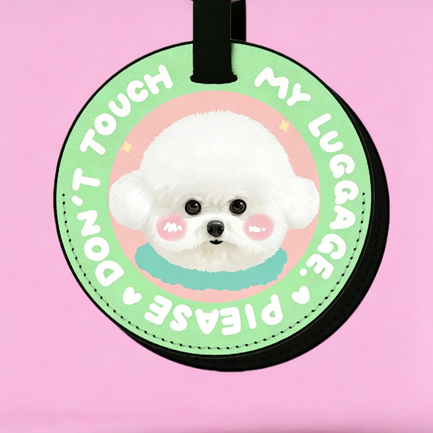 Round luggage tag with a white dog illustration and text on a pink background