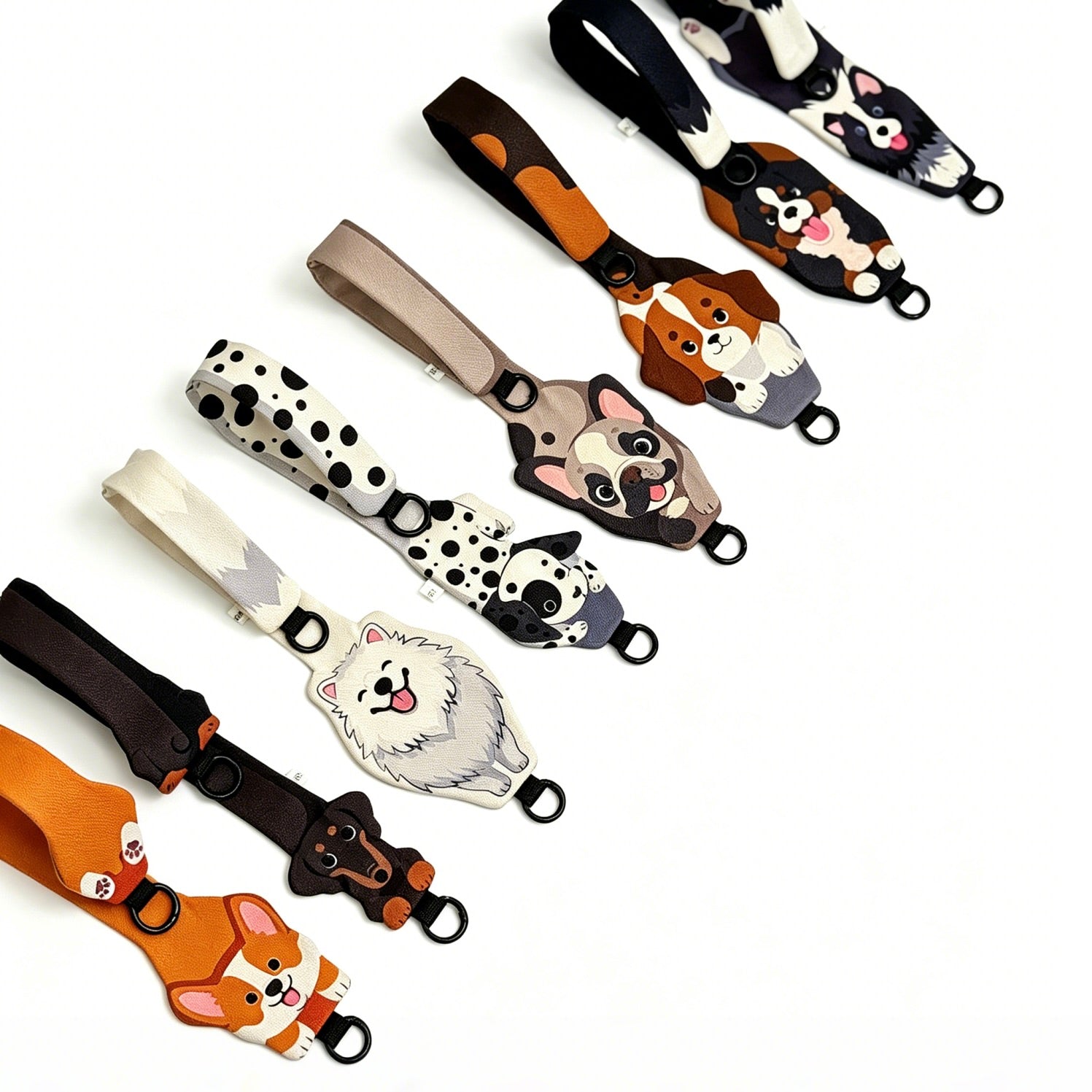 Collection of dog-themed lanyards on a white background