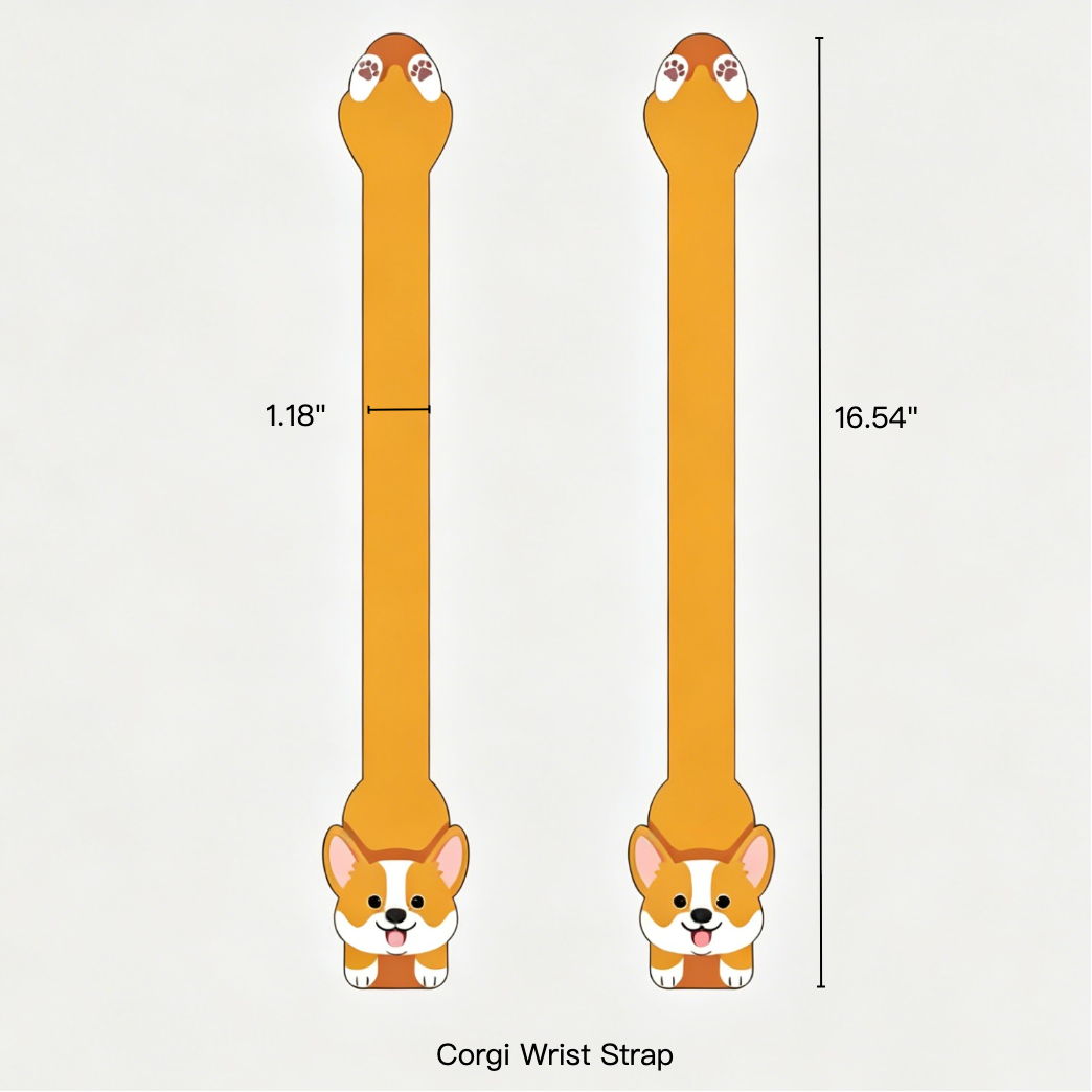 Corgi-themed wrist strap with measurements on a white background