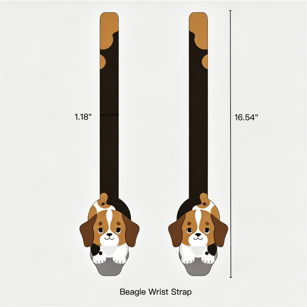 Beagle wrist strap with measurements on a white background
