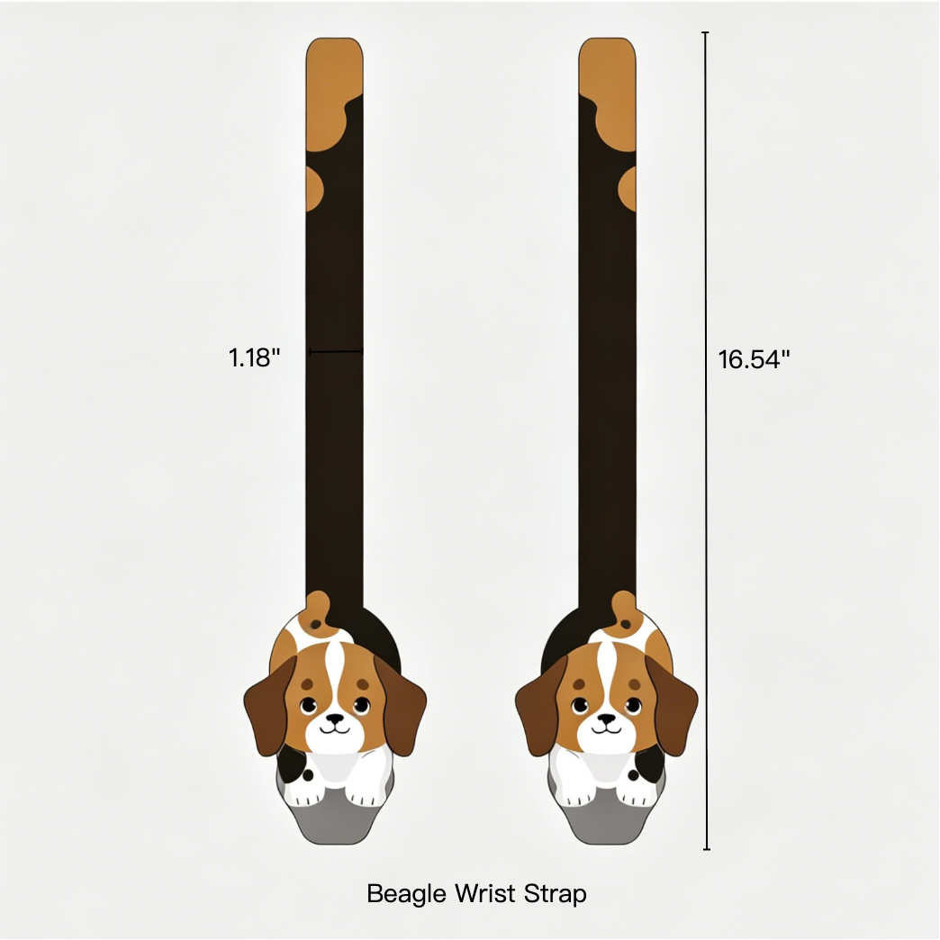 Beagle wrist strap with measurements on a white background