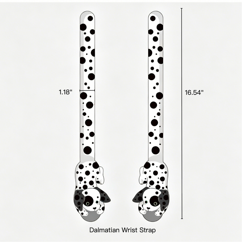 Dalmatian patterned wrist strap with measurements on a white background