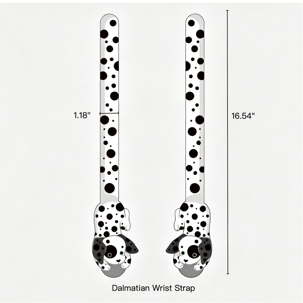 Dalmatian patterned wrist strap with measurements on a white background
