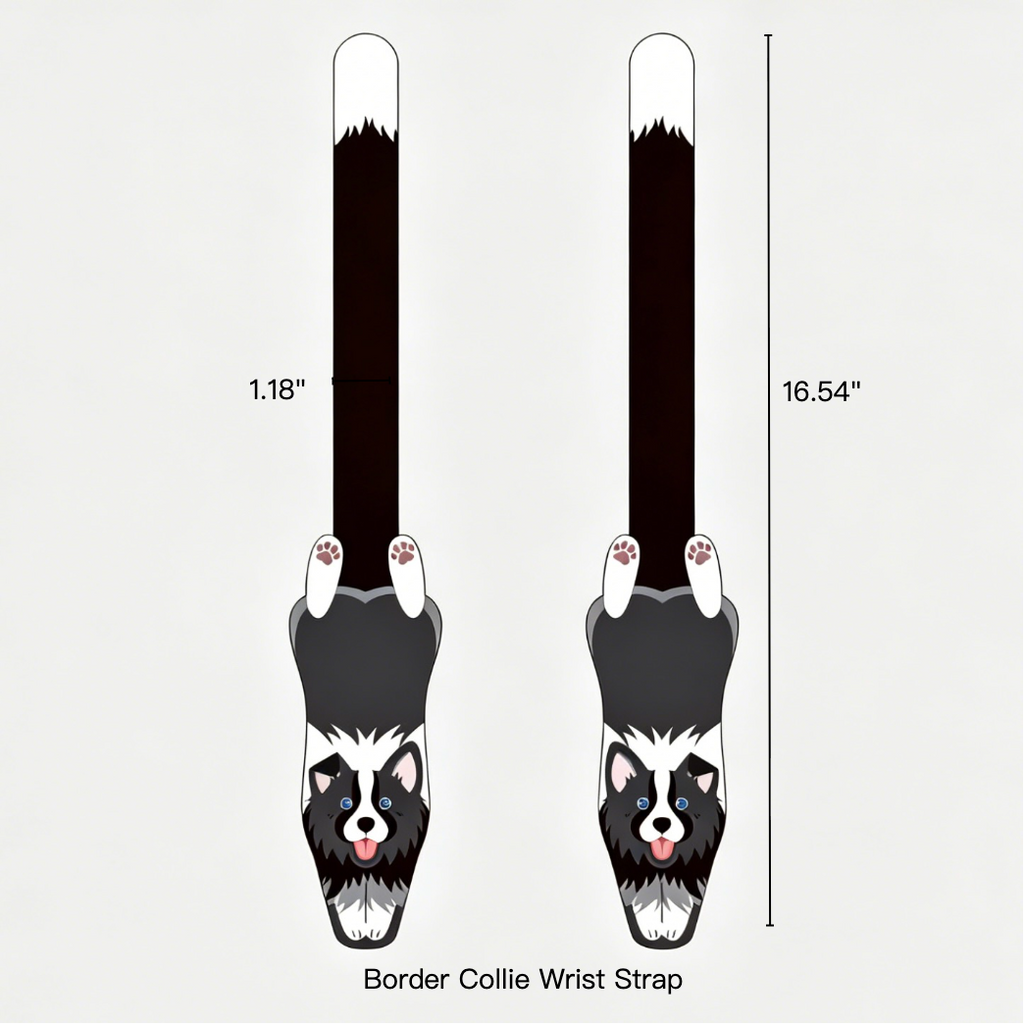 Two wrist straps with a border collie design and measurements on a white background