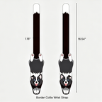 Two wrist straps with a border collie design and measurements on a white background