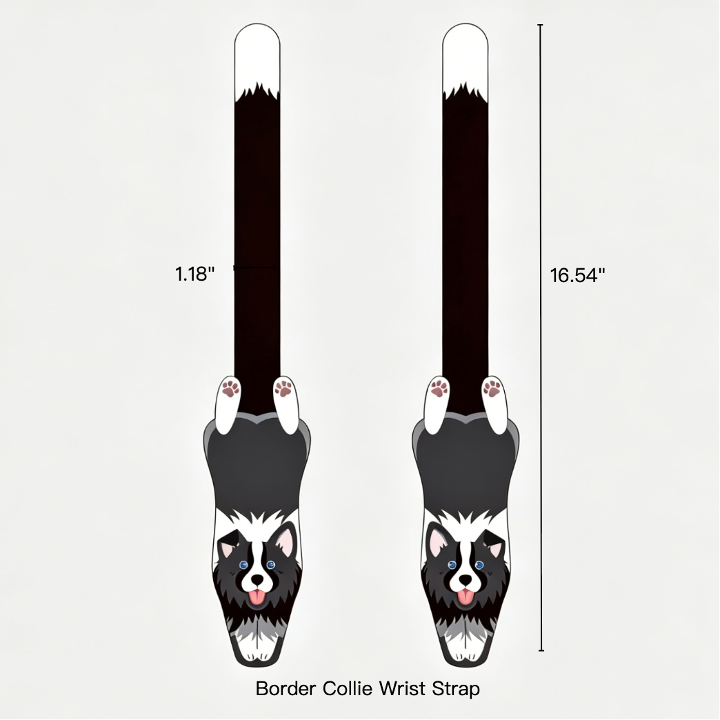 Two wrist straps with a border collie design and measurements on a white background