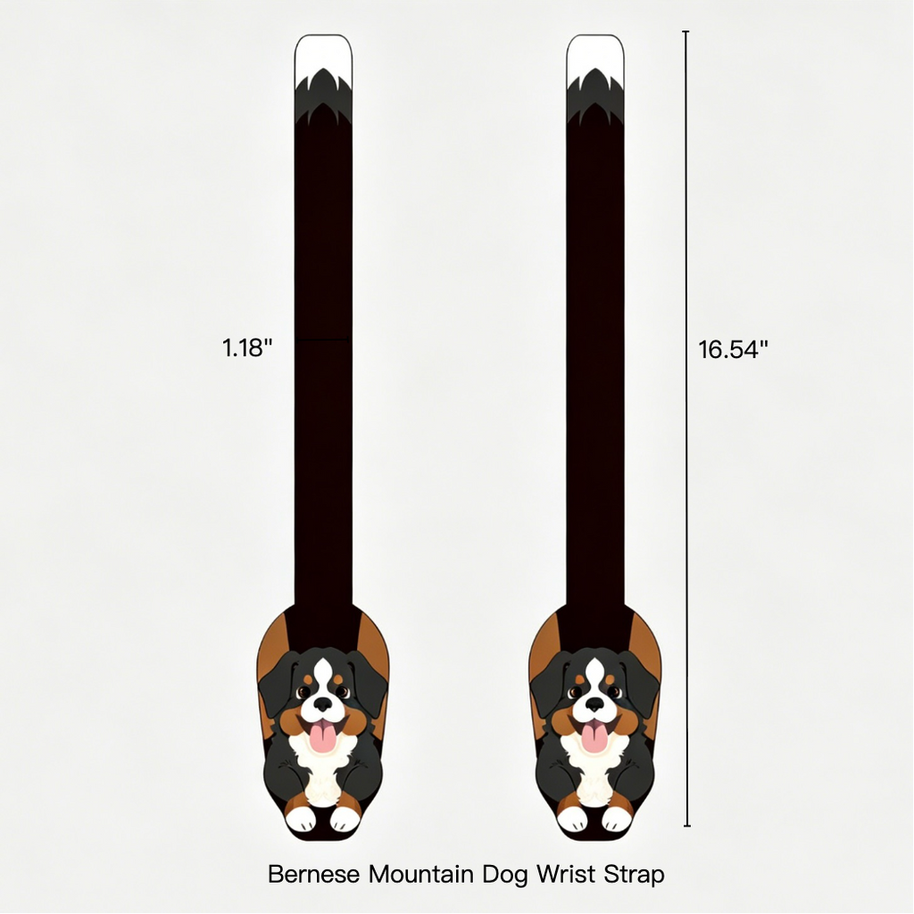 Bernese Mountain Dog wrist strap with measurements on a white background